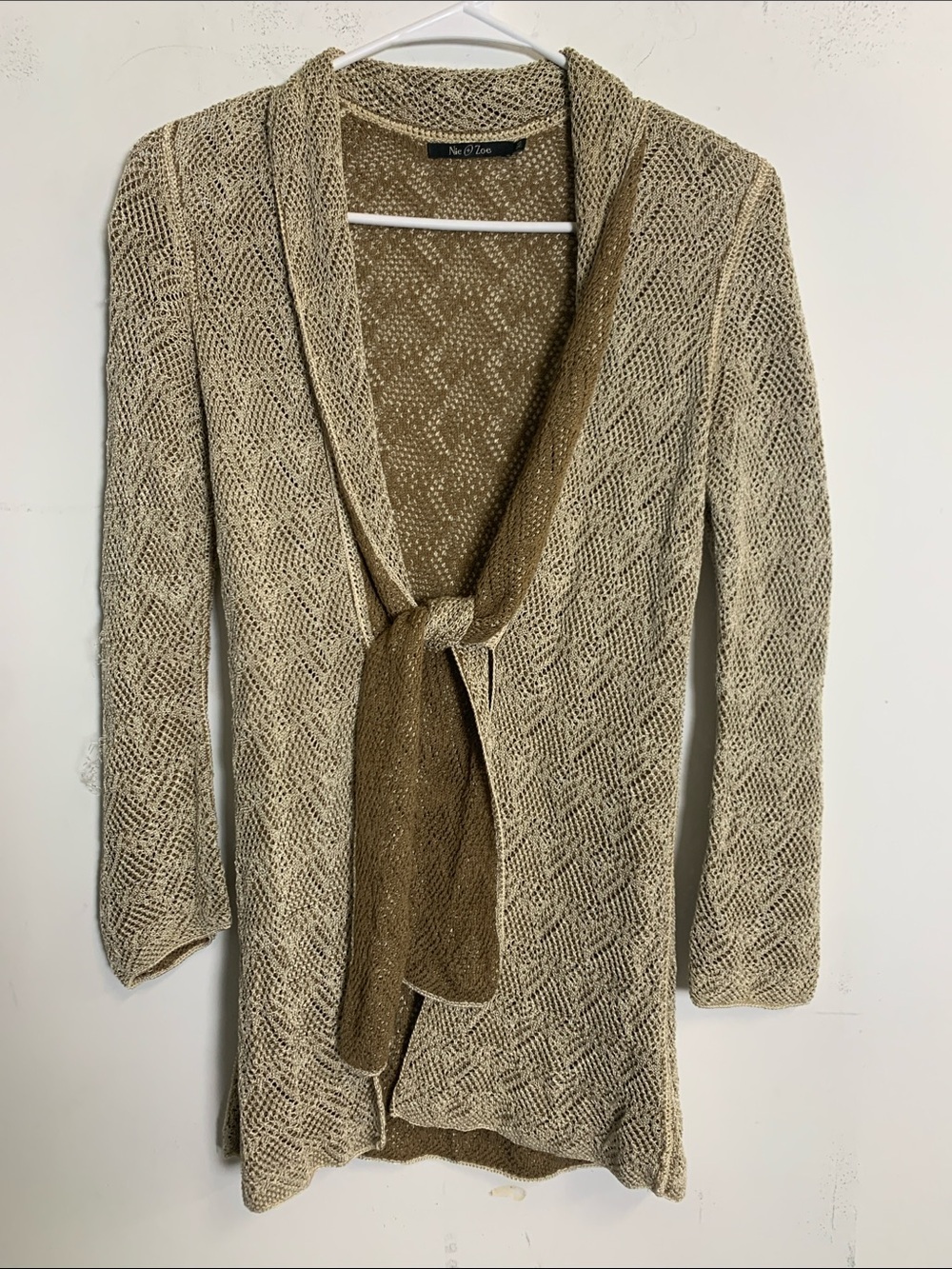 NIC+ZOE Open-Weave Tie-Front Cardigan - Beige/Camel